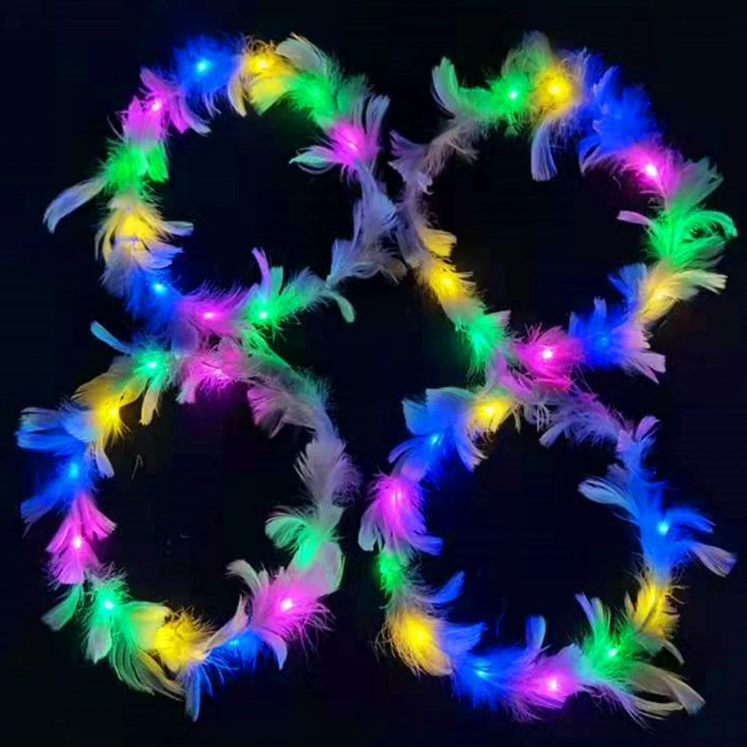 6Pcs LED Christmas Headband Light Up Feather Angel Crown Wreath Headbands Luminous Hair Accessories Headdress For Women Kids