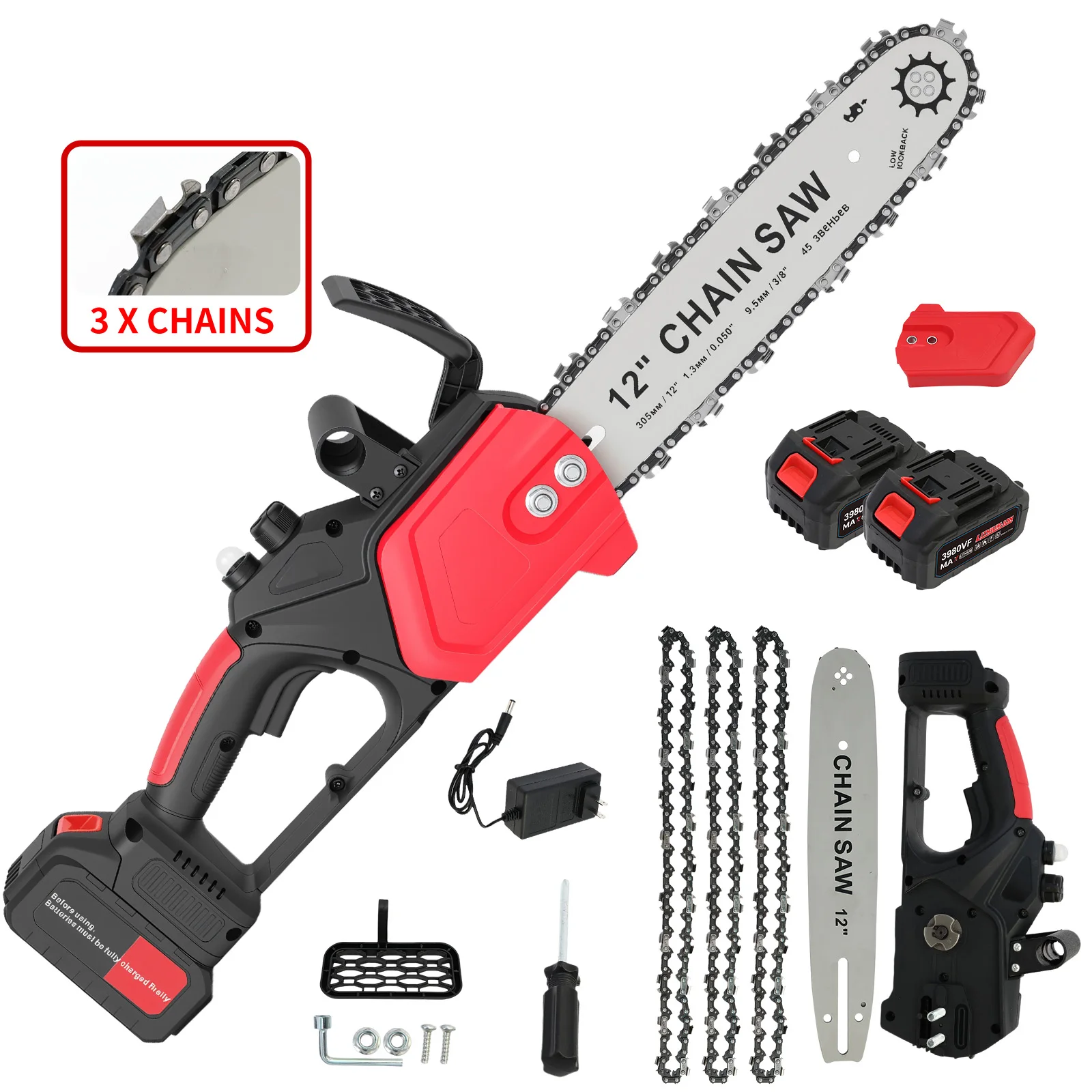 

12-Inch 1800W Cordless Chainsaw Handheld Electric Cutting Tool With Two 1.5Ah Batteries For Wood Cutting and Tree Pruning