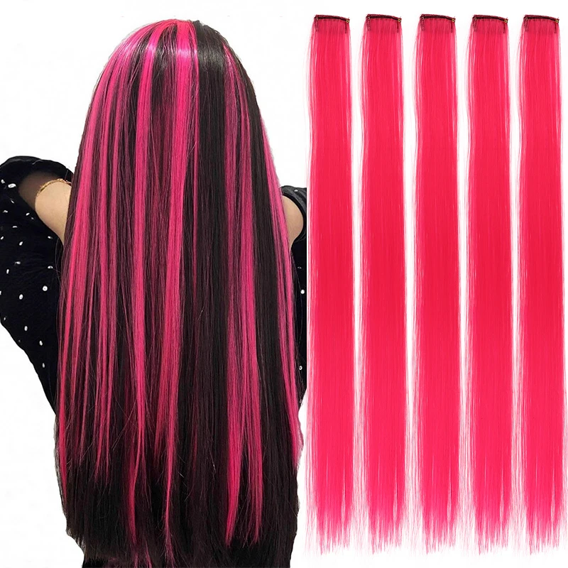 5 Pieces of Colorful Hair Clips, 24 Inch Long Straight Fake Hair Clips, Combined for Christmas Fashion Wig Pieces