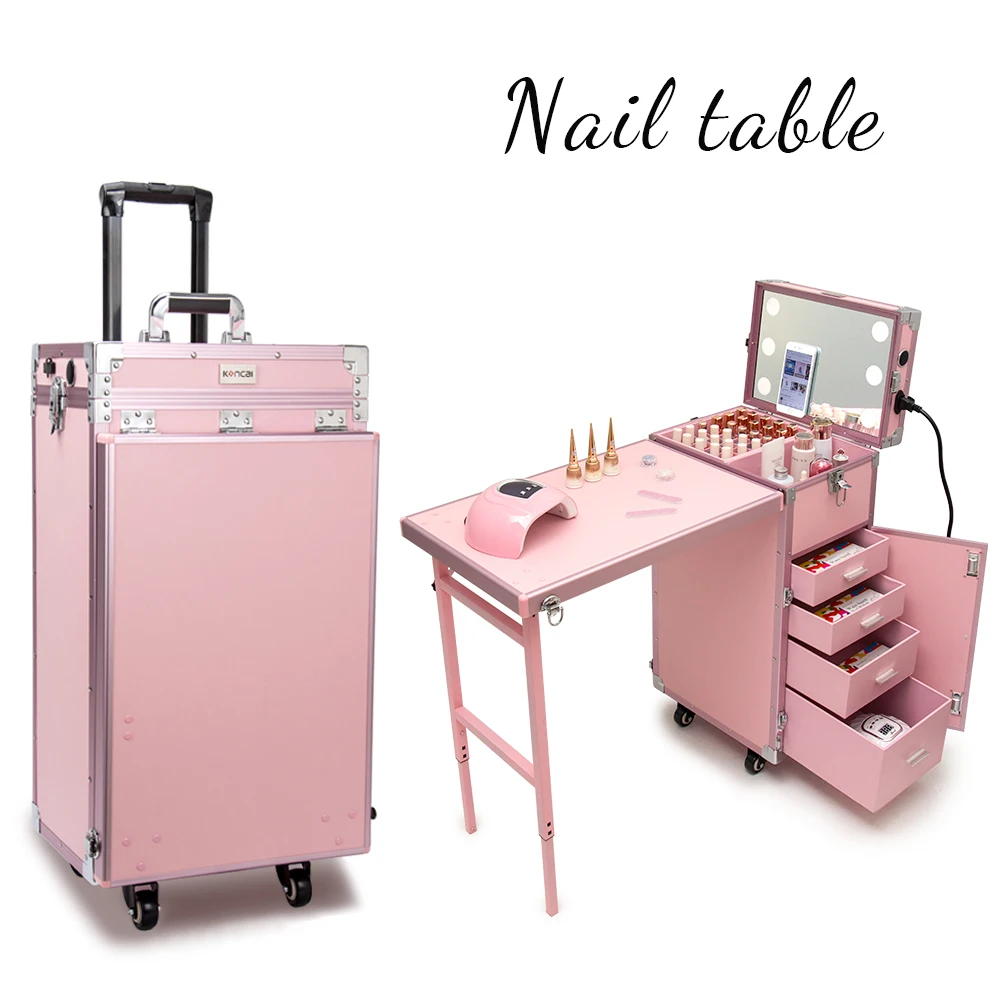 Koncai Rolling Manicure Table Makeup Case Foldable Nail Desk 4 Drawers Cosmetology Case On Wheels