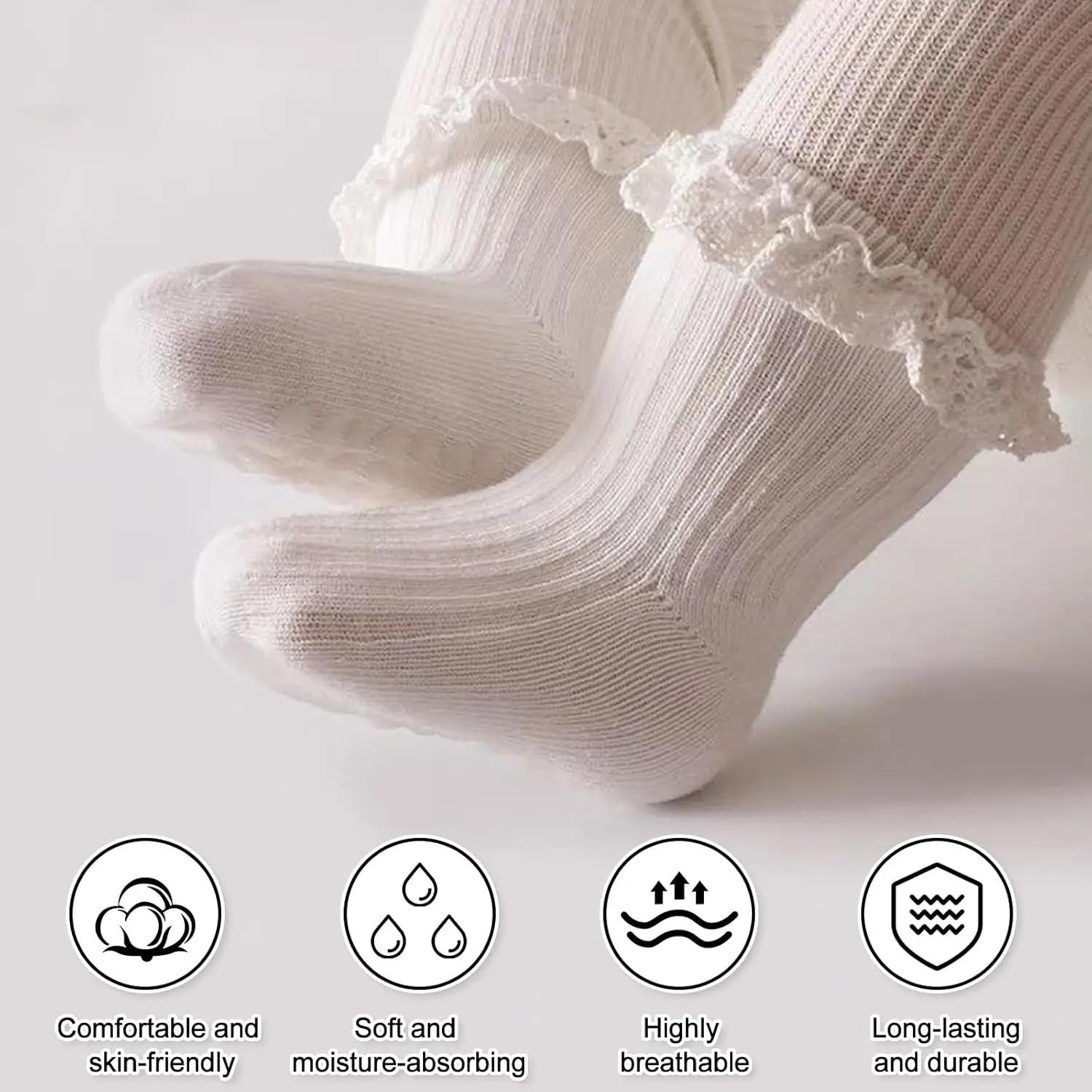 4 Pairs Princess Socks Set,Soft,Non-Slip Lace Ruffled & Plain Colors for Baby Toddlers 0-3 Years,Cute birthday Gift
