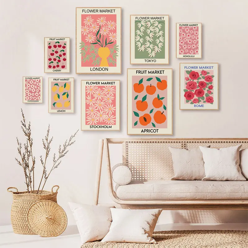 Flower Market Cherry London Tokyo Vintage Wall Art Canvas Painting Nordic Posters and Prints Wall Pictures for Living Room Decor