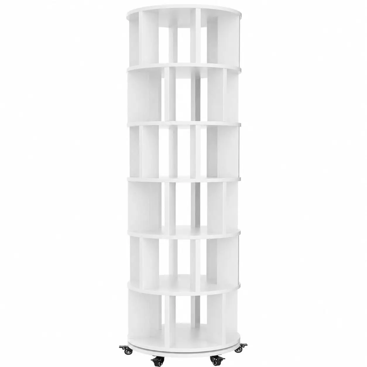 6 Tier Rotating Bookshelf Tower, Solid Wood 360° Spinning Storage on Wheels, Round Revolving Organizer, Rolling Shelving for Sma