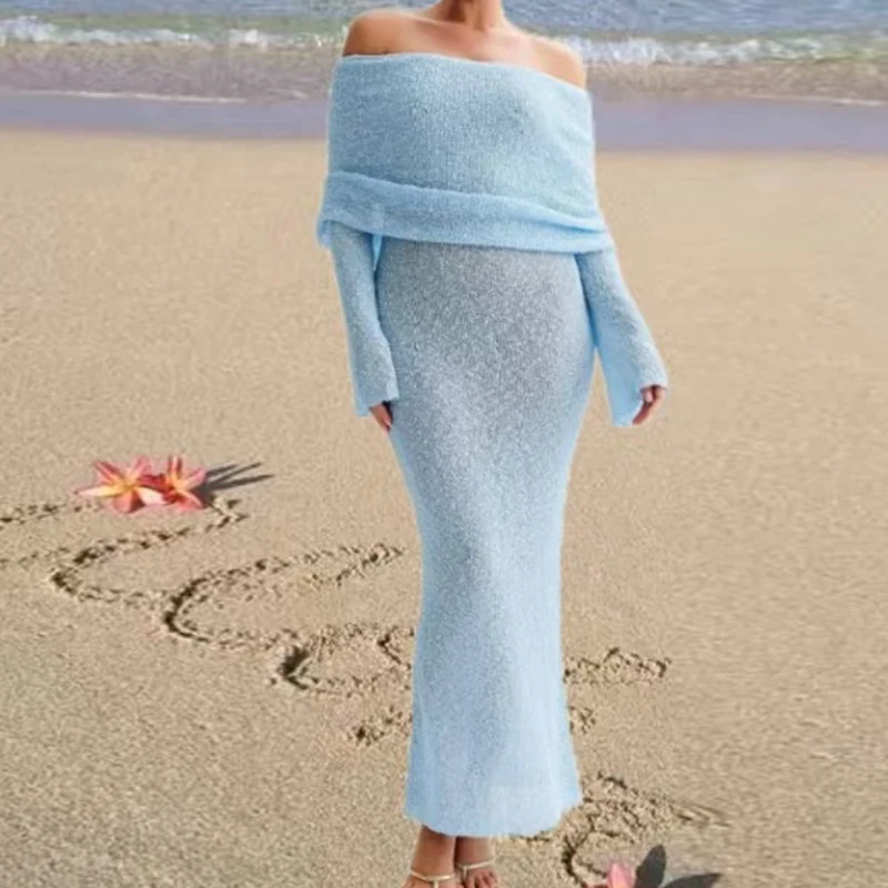 Fashion Style Knitted One-Shoulder See-Through Beachwear Cover Up Women's Beach Vacation Sunscreen Dress Elegant Long Dress S2WQ
