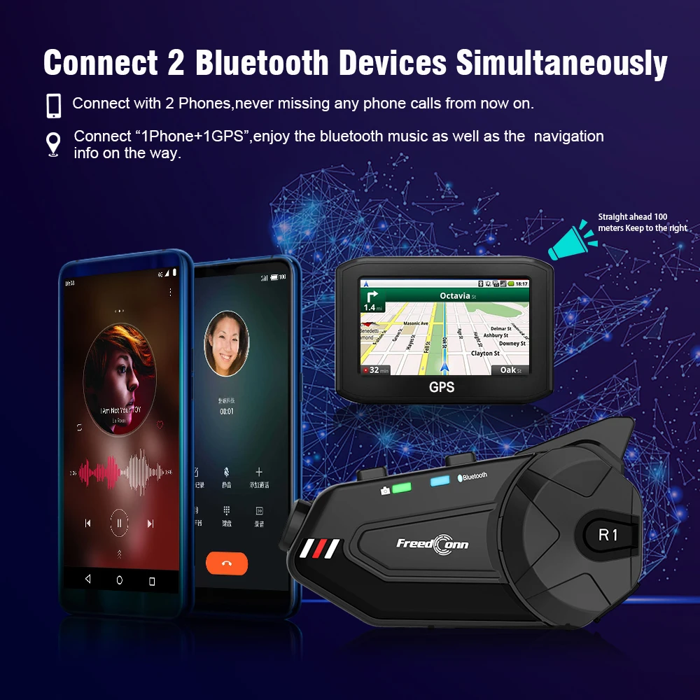 Мотогарнитура Freedconn, Bluetooth, 6 каналов, 1000 м, Wi-Fi