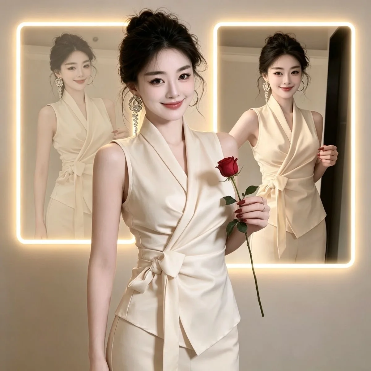 Silk Satin V-Neck Sleeveless Shirt Women's Summer Slim Fit Waist-Cinching Design Sense Shirt Atmosphere Top