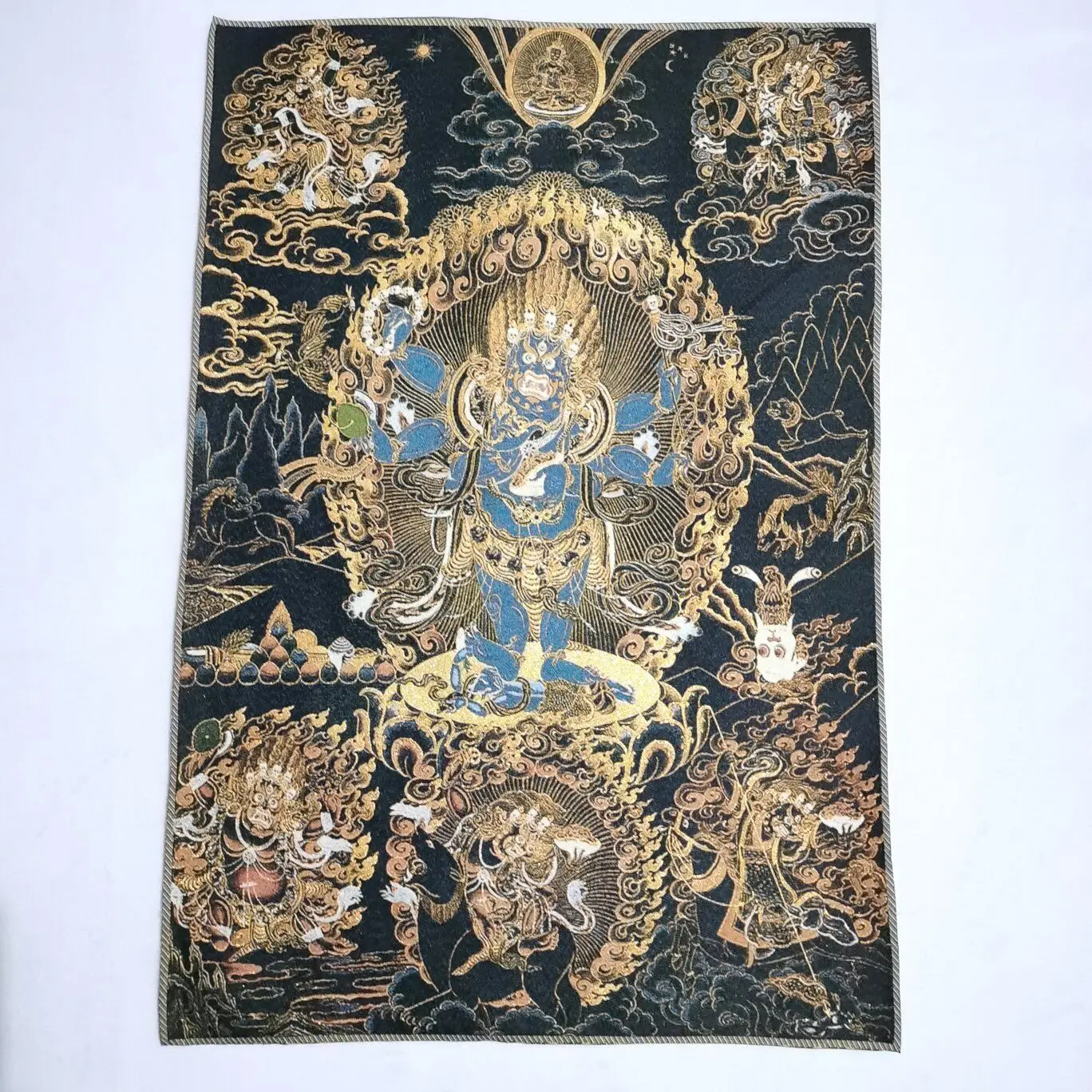 Rare Tibet Tibetan Cloth Silk Buddhism 6 Arms Mahakala Black Tangka Mural