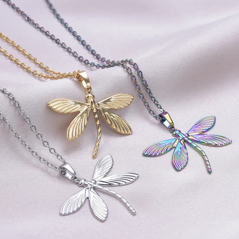 

1Pc Personality Minimalism Dragonfly Pendant Necklace Metal Stainless Steel Charms Necklace Real Gold Plated For Women Jewelry
