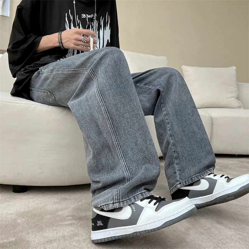 กางเกงยีนส์ทรงหลวมผู้ชาย สไตล์เรียบง่าย สีพื้น กางเกงยีนส์ขายาวผู้ชาย สไตล์เกาหลี แฟชั่นสตรีท สไตล์หลวมๆ ลำลอง กางเกงยีนส์ผู้ชาย