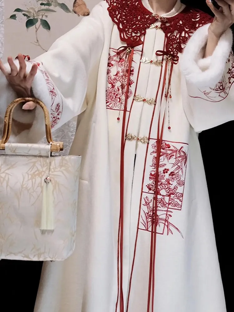 New Year's robe Hanfu embroidered front long dress shoulder set