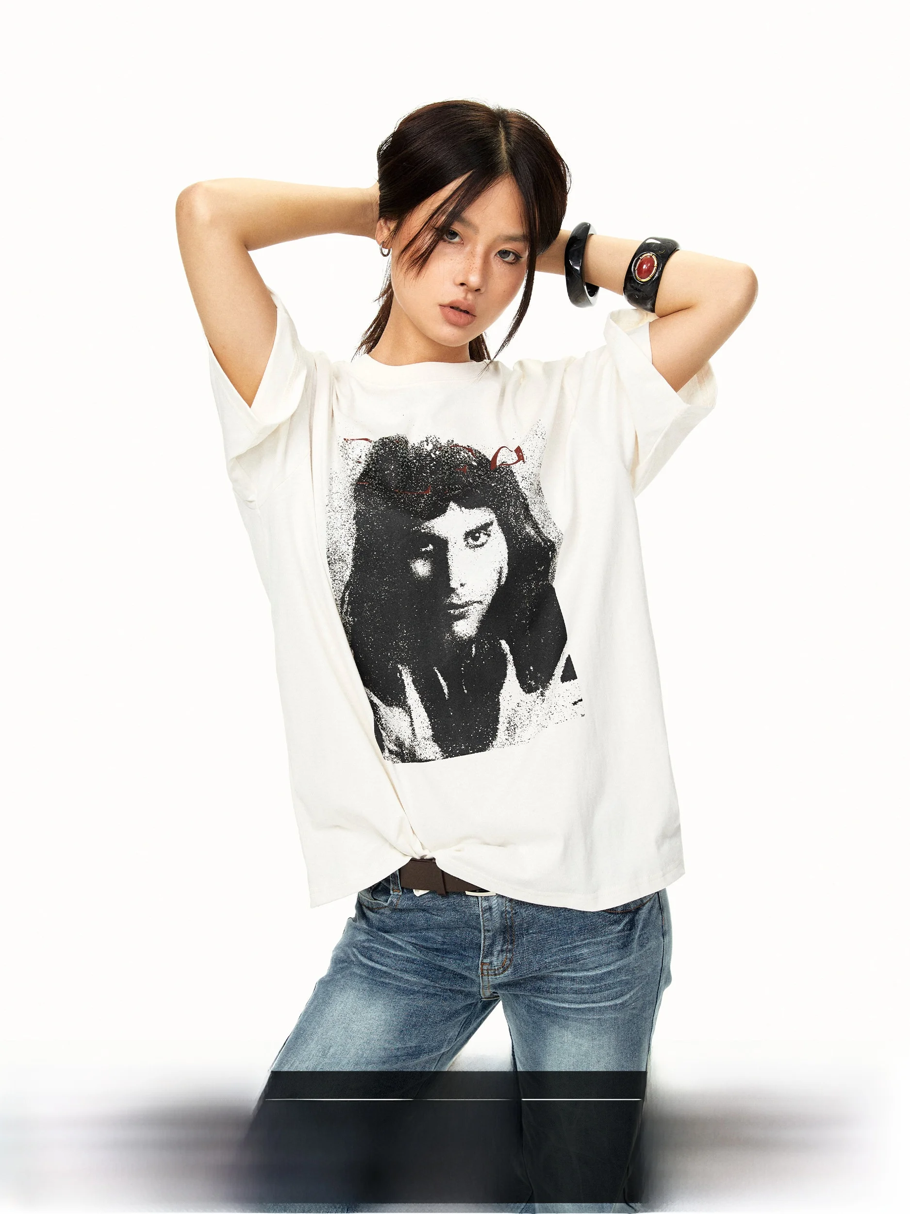 Retro Style Printed Heavyweight Pure Cotton Short Sleeve round Neck Half Sleeve T-Shirt Breathable Comfortable Summer New Arr...