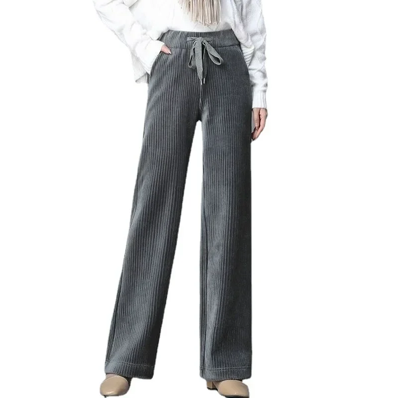 Winter Velvet Wide Leg Pants Women New Baggy Thicken Lace Up Straight Sweatpants Plush Liend Warm Pantalones High Wasit Spodnie