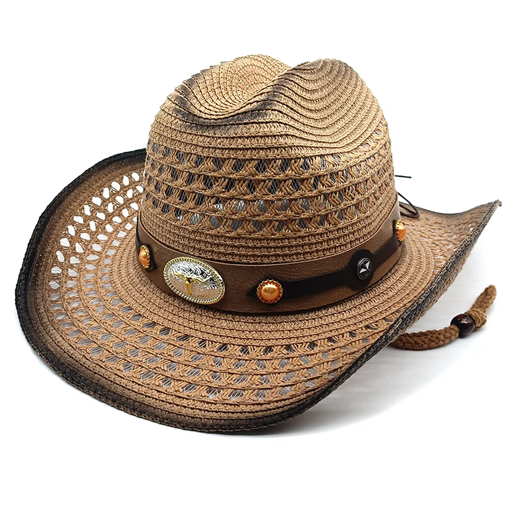 Retro zomer strohoed Western cowboyhoeden Verstelbare zomerstrandzonbescherming Zonnekap voor mannen en vrouwen Trekkoord