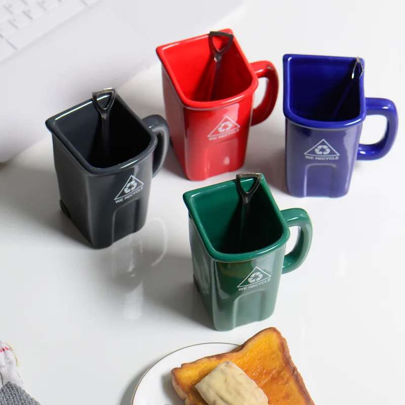 New Funny Style Ceramic Mug Trash Can Shape Cup Creative Funny Coffee Cup Milk Mug Large Capacity Ceramic Mug with Shove Gift image 3