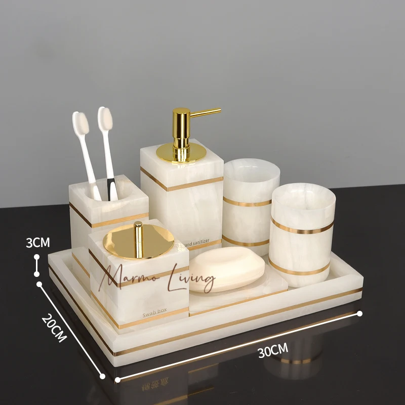 

White Onyx Natural Marble Bathroom Accessories Luxury Golden Soap Dispenser Toothbrush Holder Soap Dish Tray Set for Bathroom