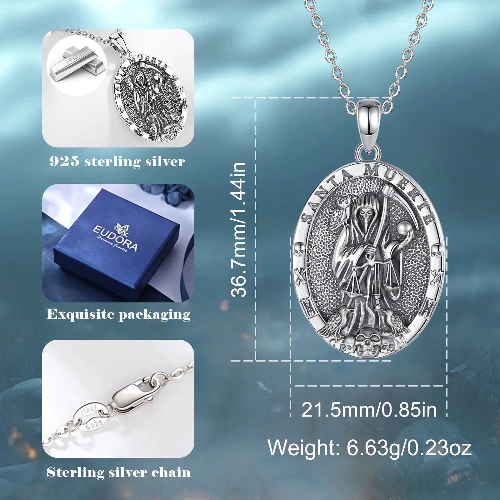 Eudora 925 Sterling Silver Santa Muerte Necklace for Women Man Holy Death Scythe Pendant Santa Muerte Jewelry Personality Gift