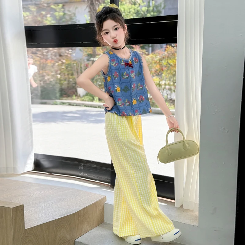 Kinder-Kleidungssets, Sommermode, Mädchen, ärmellose Weste und lässige karierte Hose, zweiteiliges Outfit, 2025, neu – Detail 5
