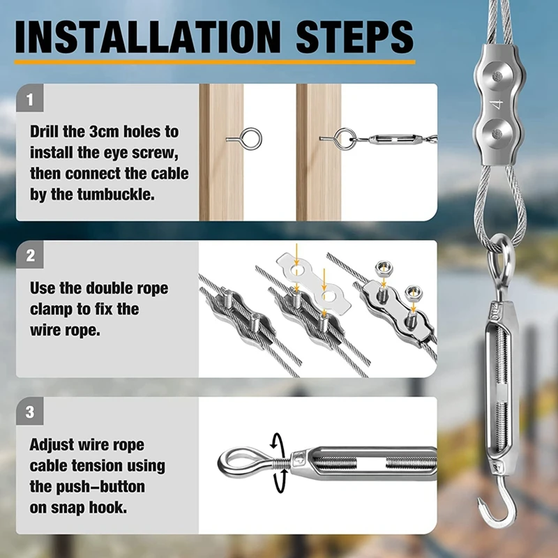 String Light Hanging Kit 1/8Inch Cable Wire 98Ft Coated Wire Rope With Turnbuckles And Hooks For Deck Railing System