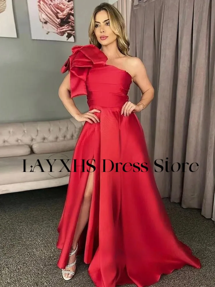 LAYXHS Vestidos de noite elegantes com laço vermelho, um ombro, linha A, fenda lateral, vestidos de baile personalizados