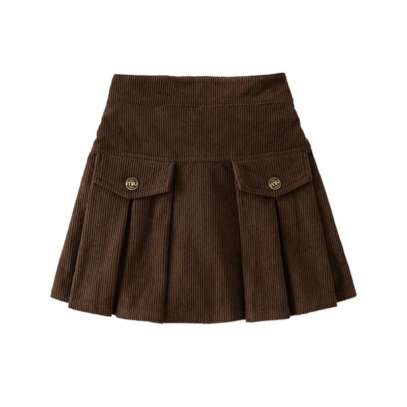 Autumn Girls Short Skirt High-waisted Maillard Vintage College Style Pleated Skirt for Children Winter Corduroy A-line Skirt 8 Y