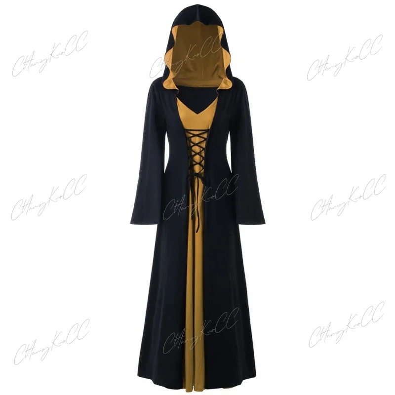 Halloween Medieval Dress for Women Vintage Hooded Cloak Robe Cosplay Costume Retro Scary Vampire Witch Carnival Disfraz Mujer