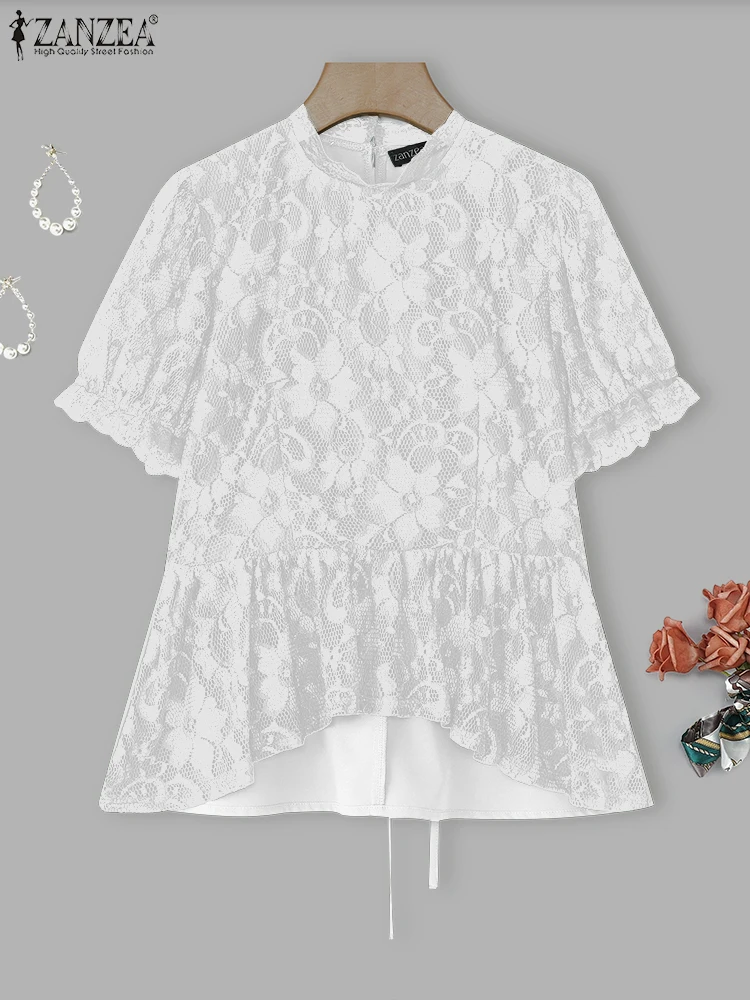 ZANZEA 2025 夏トップス エレガント OL ブラウス レディース チュニック ファッション 半袖 花柄 レース シャツ バンドゥ カジュアル オフィスレディ ブラウス
