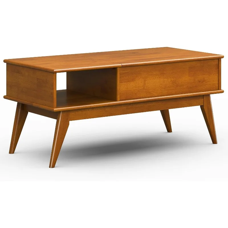 Draper Solid Hardwood 48 inch Wide Rectangle Mid Century Modern Lift Top Coffee Table in Teak Brown for The Living Room