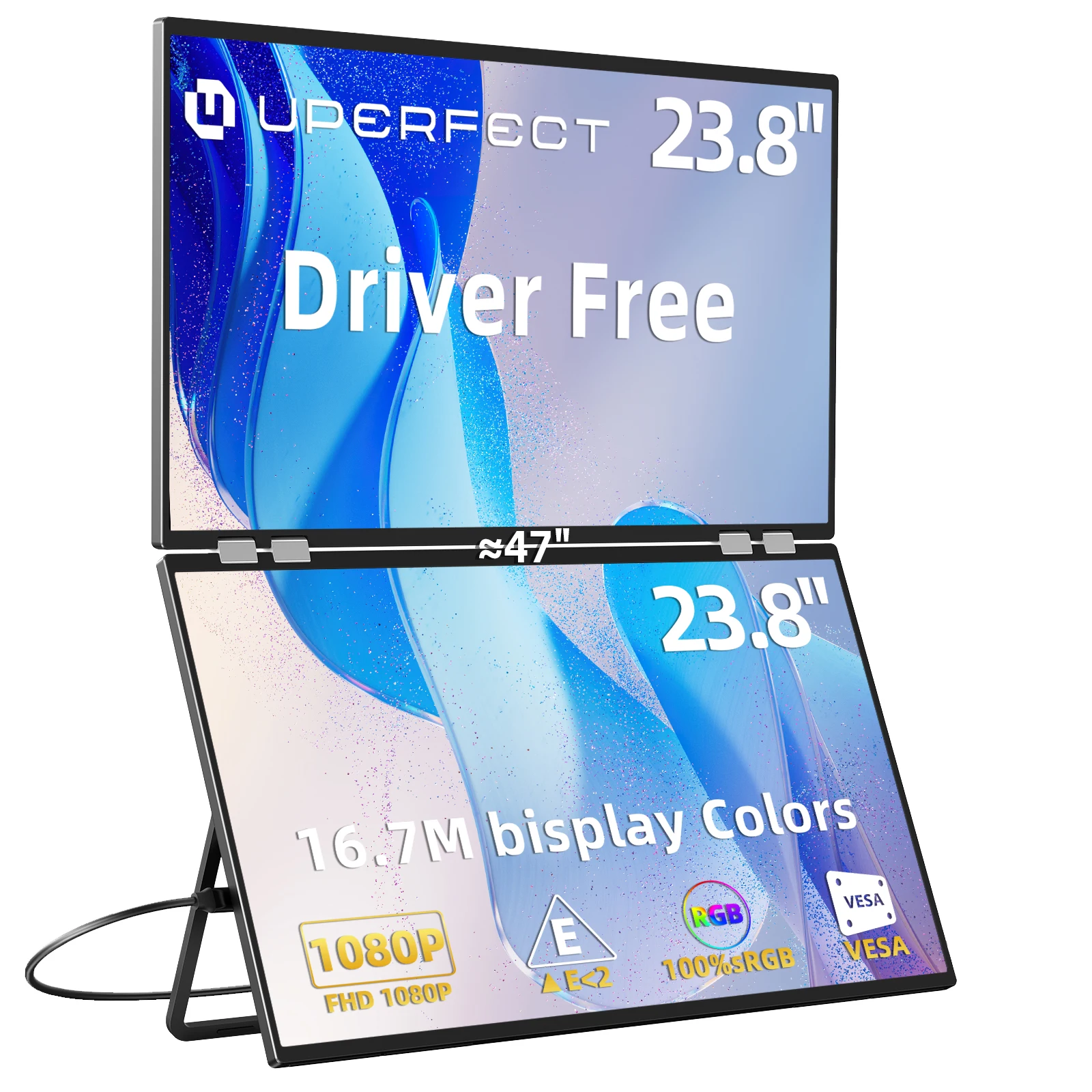 23,8 Zoll 100Hz Dualer Tragbarer Monitor 1920x1080P 120% sRGB - Faltbares &Stapelbares Design Laptop-Bildschirmerweiterung mit 360°-Drehung °   Bildschirmverstellung & 180° °   Ständer USB-C / HDMI