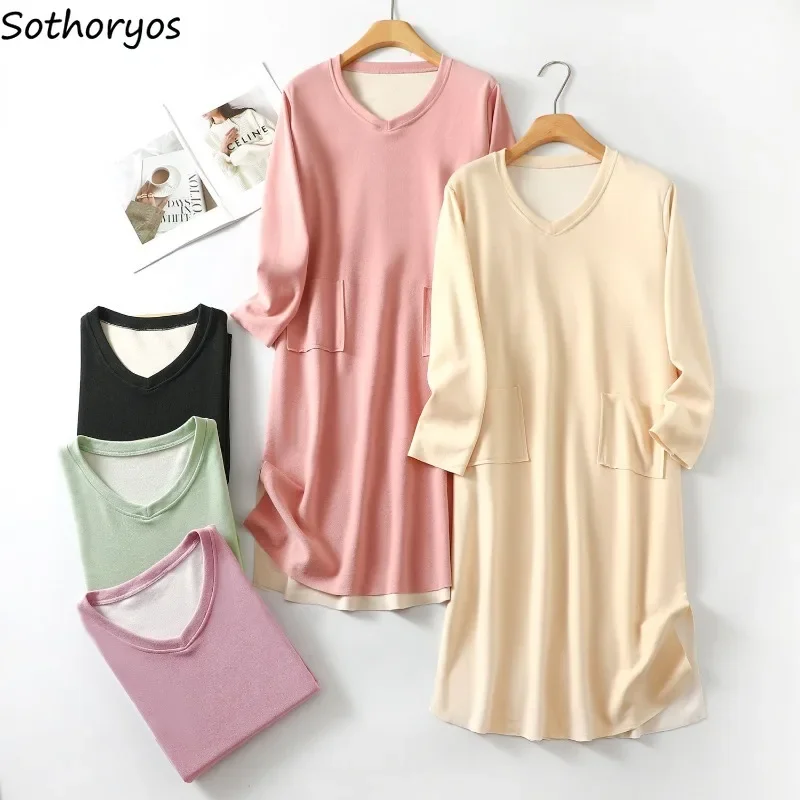 

5 Colors Nightgowns Women Sleepwear Autumn Winter Plus Velvet Cozy V-neck Home Warm Simple Korean Style All-match Mujer Clothes