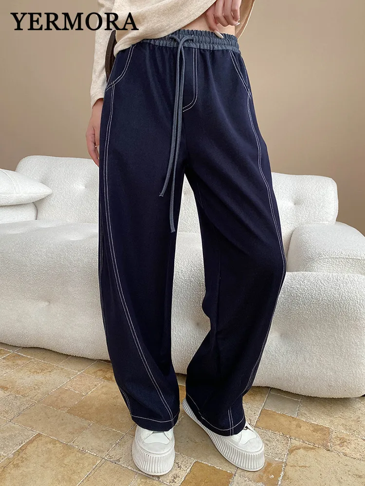 

YERMORA синие широкие брюки с высокой эластичной резинкой на талии и шнурком для женщин, новые свободные брюки, модные весенне-осенние брюки