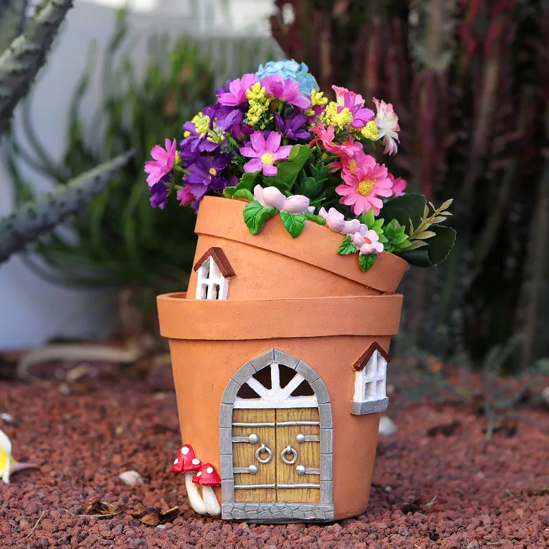 Resin Double Flowerpots Pastoral Style Fresh Flowers Succulent Balconies Solar Powered Lighting Decorations, and Ornaments