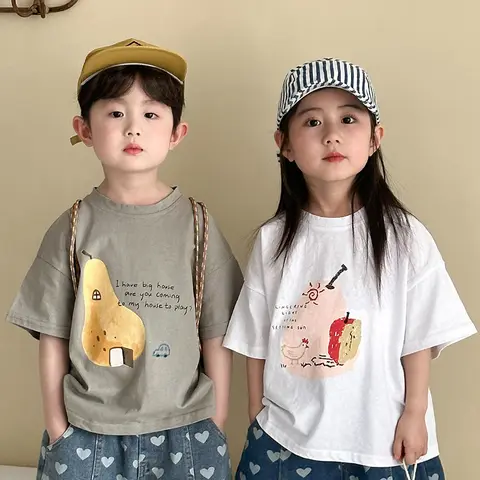 1-10Y 어린이 반팔 티셔츠 코튼 소년 만화 프린트 티셔츠 어린이 여름 의류 귀여운 소녀 루즈 탑