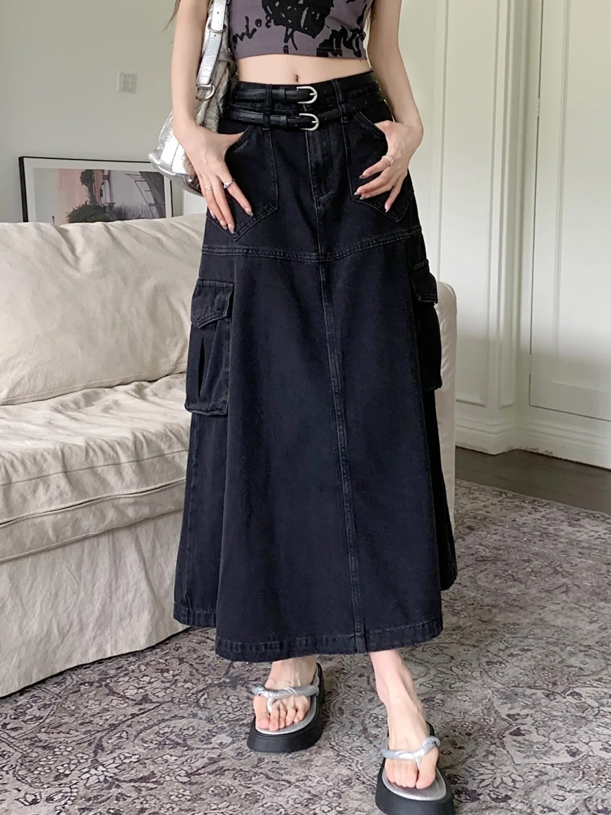 ZHISILAO A-line Long Denim Skirt for Women Vintage Y2K Pocket High Waist Cargo Skirt Autumn Summer 2023