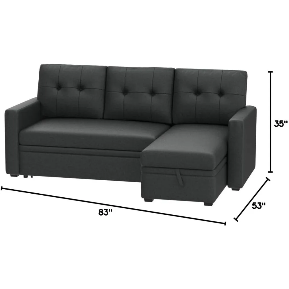 L-Shaped Polyester Fabric Reversible, Pull-Out Sleeper Sectional Sofa/Storage Chaise with Tufted Back Cushions and Track Arms