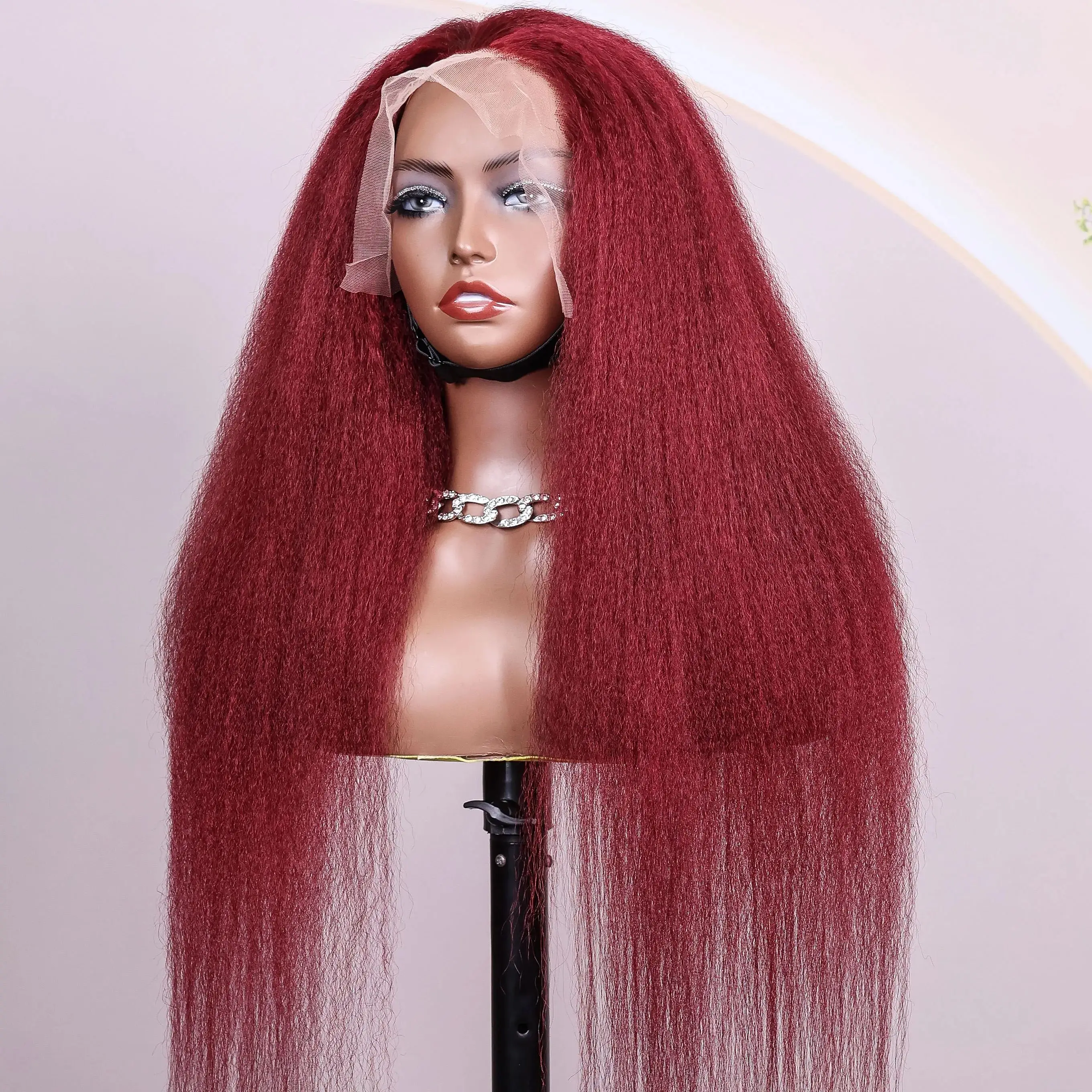 

99J Kinky Straight 13x6 HD Lace Frontal Human Hair Wig 200 Density Burgundy Red Color Human Hair Transparent Lace Wigs For Women