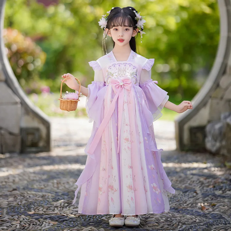 Gaun gadis Hanfu Tiongkok antik tradisi elegan Floral bordir gaun peri Cosplay Oriental jubah dansa hadiah ulang tahun anak