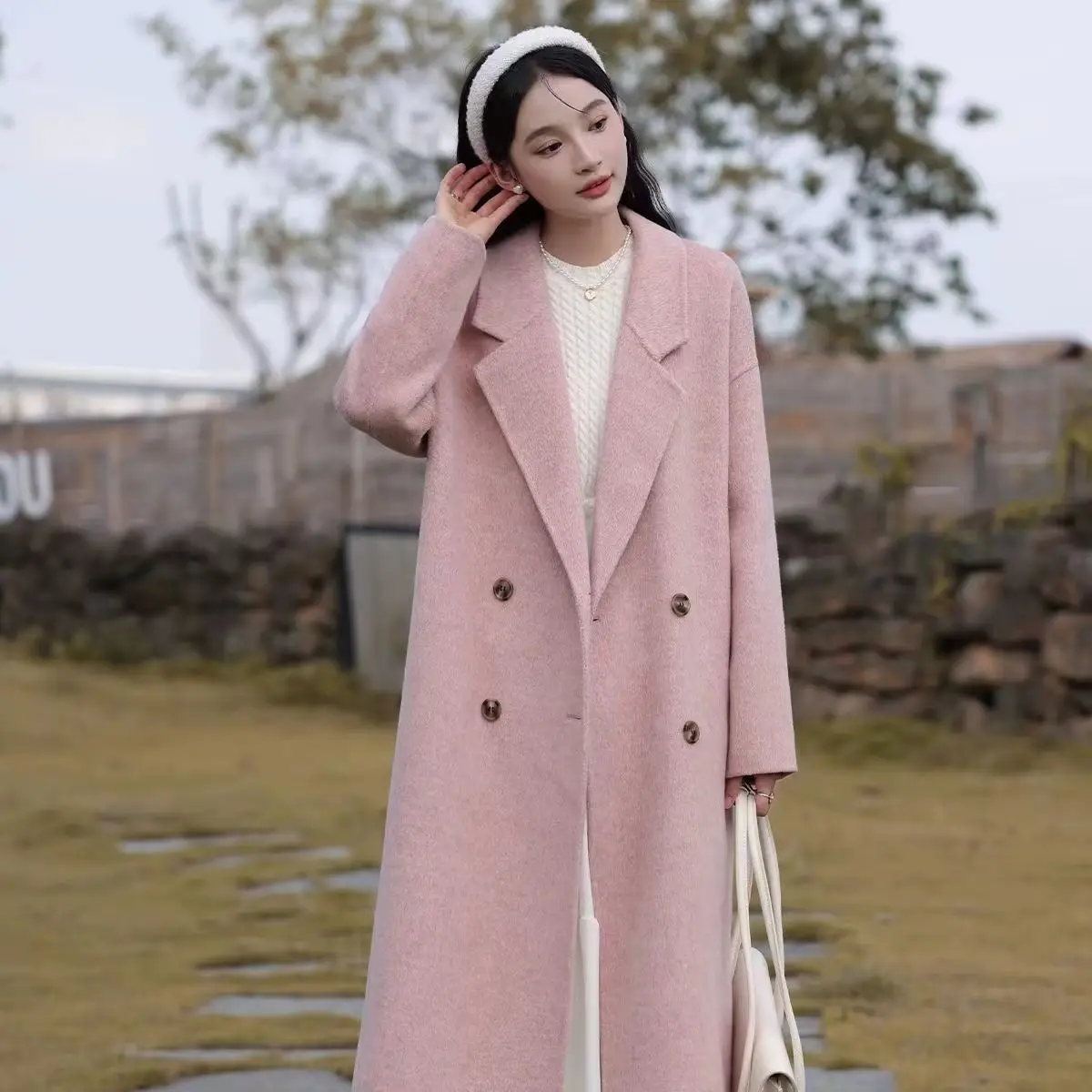 

Pink wool coat women's autumn double-breasted 23 college style coat women's cashmere premium woolen coat