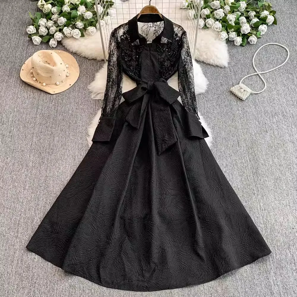 Robe française élégante en maille et dentelle brodée de fleurs, à volants et perles, simple boutonnage, ceinture, robes de soirée pour femmes