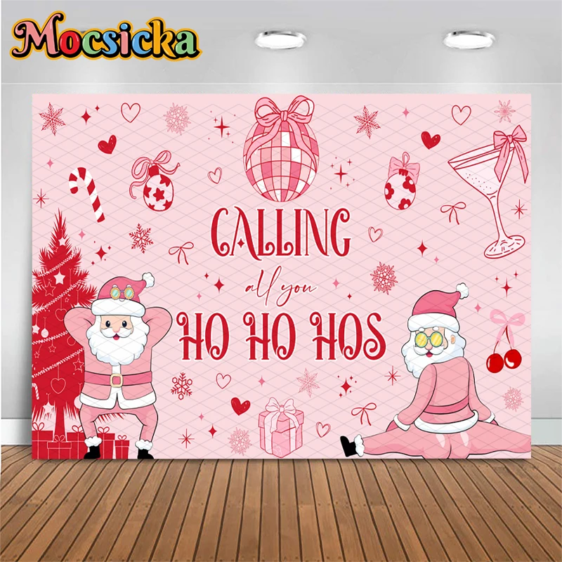 Mocsicka Pink Christmas Backdrop Funny Disco Santa Photography Background Photo Booth Banner Bachelorette Adult Party Tapestry