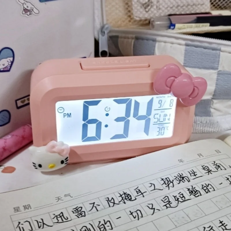 Cute Hello Kitty Alarm Clock Anime Sanrio Noctilucent Alarms Clocks Cartoon Kawaii Dormitory Clocks Desktop Decoration Kids Gift