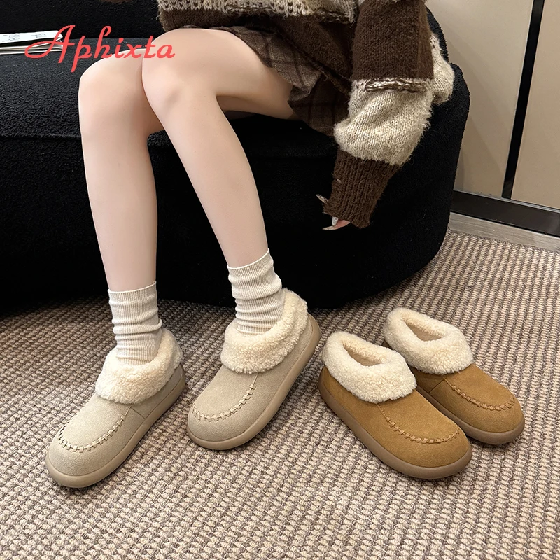 

Aphixta New Apricot Warm Winter Shoes Sewing Turned-Over Edge Dec Women Furry Snow Boots Short Plush Suede Flat Heel Woman Shoes
