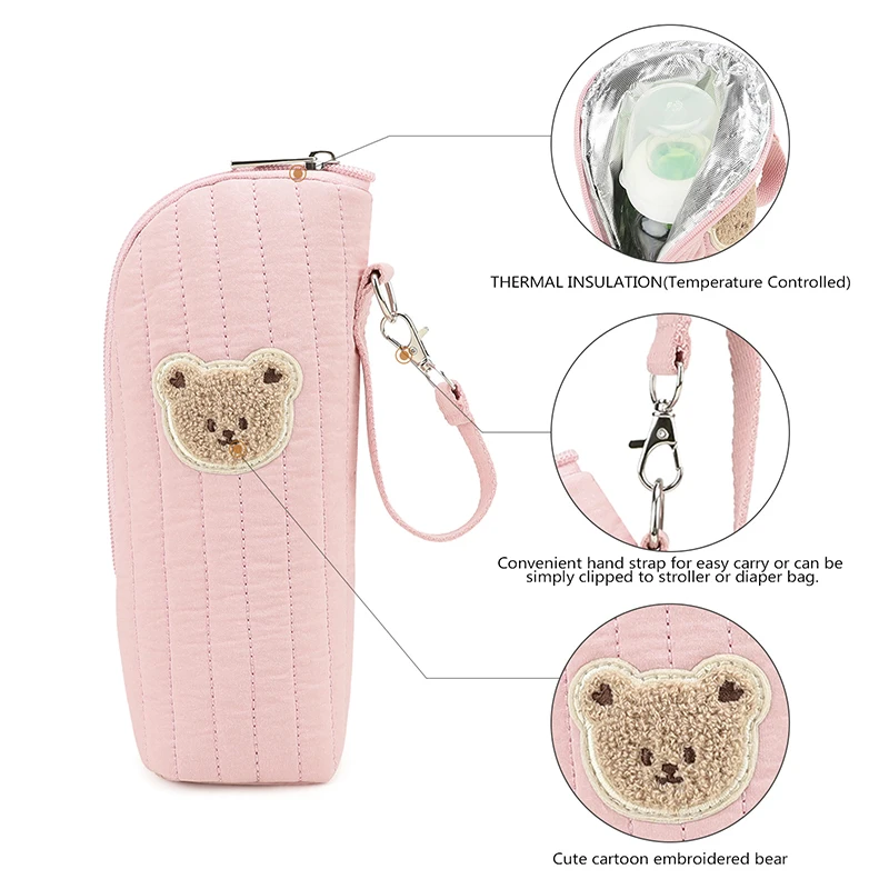 قطعة واحدة من حقيبة نقل حليب الثدي القطنية، حقيبة زجاجات الأطفال المعزولة، حامل زجاجات الأطفال الحراري، نمط الدب الرائع، سهل التنظيف
