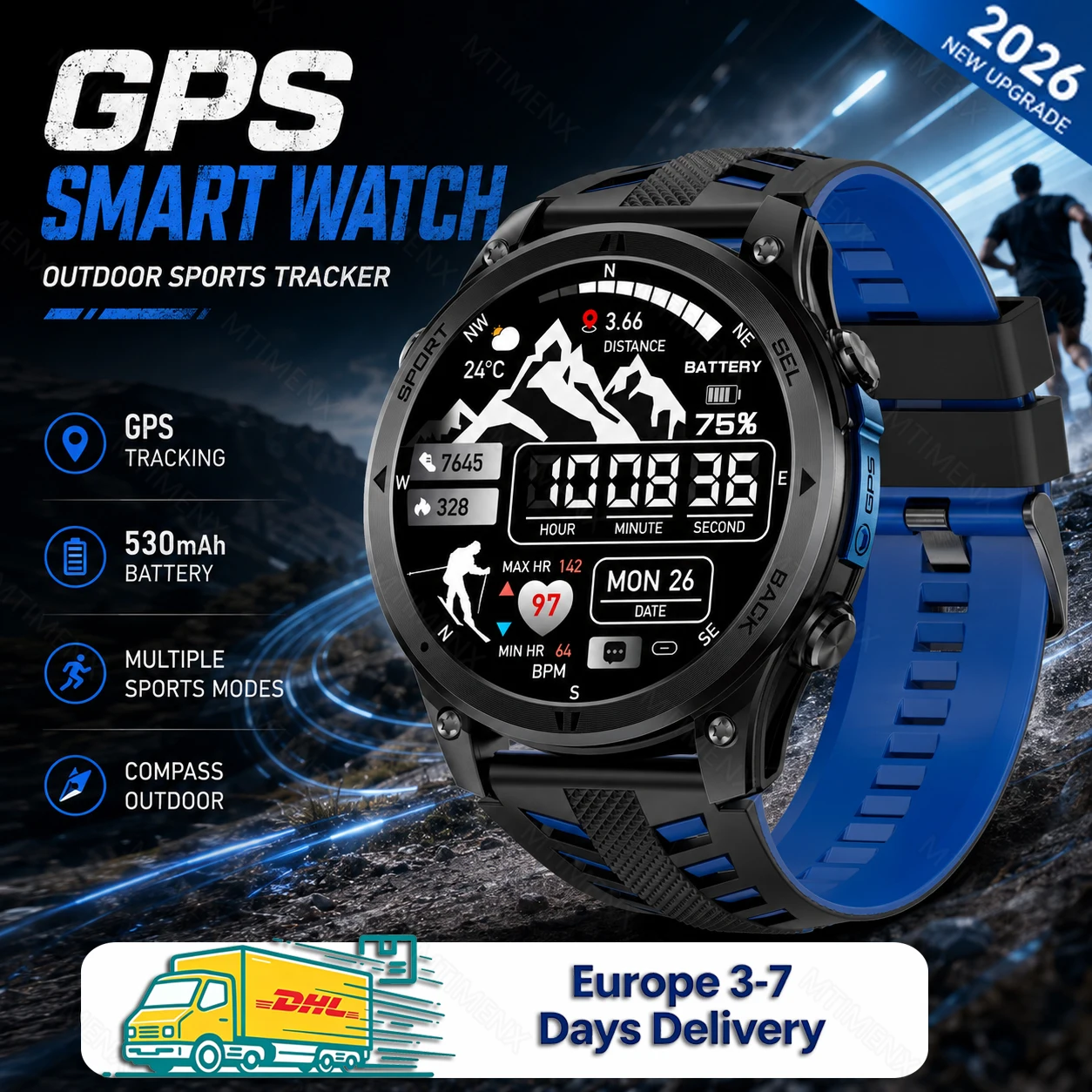 Smartwatch 2026 da uomo, nuovo modello per esterni, stile tattico con GPS, chiamate Bluetooth, bussola, multi-sport, impermeabile IP68, spedizione locale