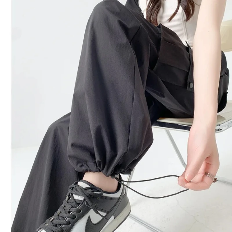 Fashion Drawstring Cargo Pants 2026 Summer Thin High Waisted Spicy Girl Wide Leg Pants Loose Casual Quick Drying Sports Pants