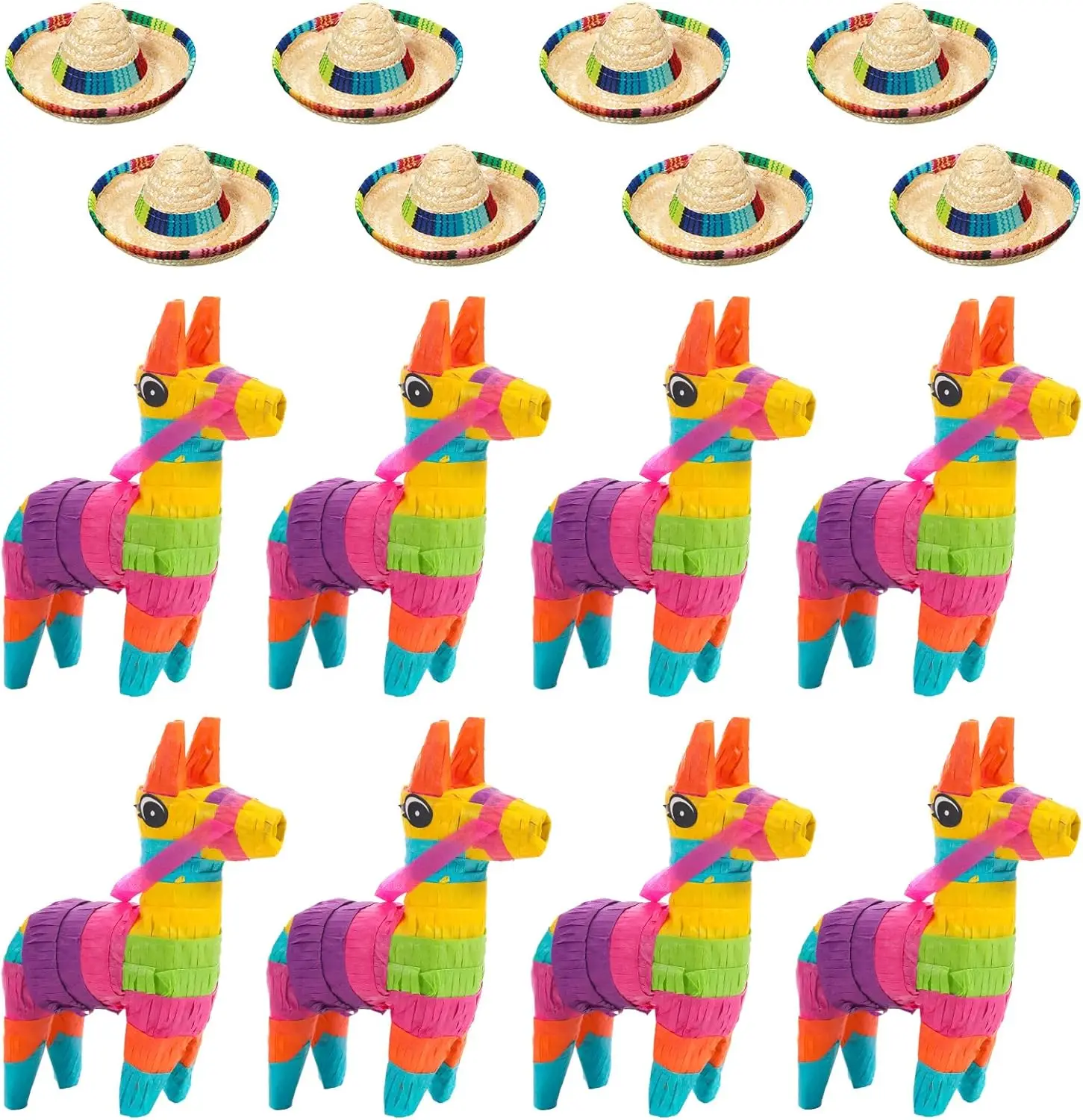 

16 Pcs Mini Donkey Piñata & Sombrero Hats (4x7") - Mexican Fiesta Decor for Kids Birthday, Taco Party, Luau Photo Prop
