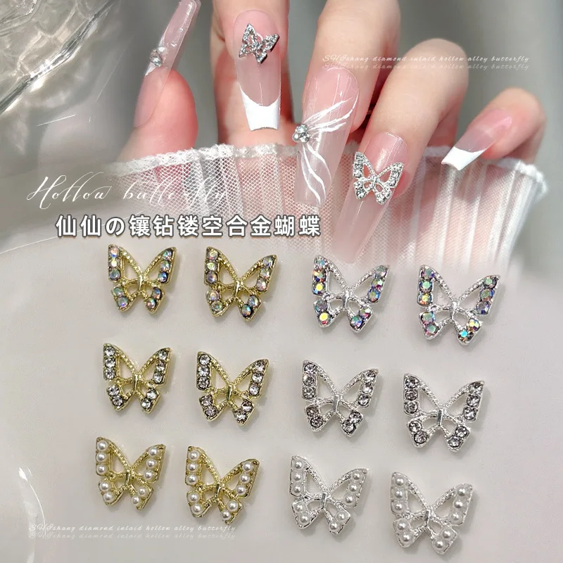 

Mix 6 colors, 30 pieces of butterfly nail charm jewelry, rhinestone pearl effect decoration for ladies' nail accessories