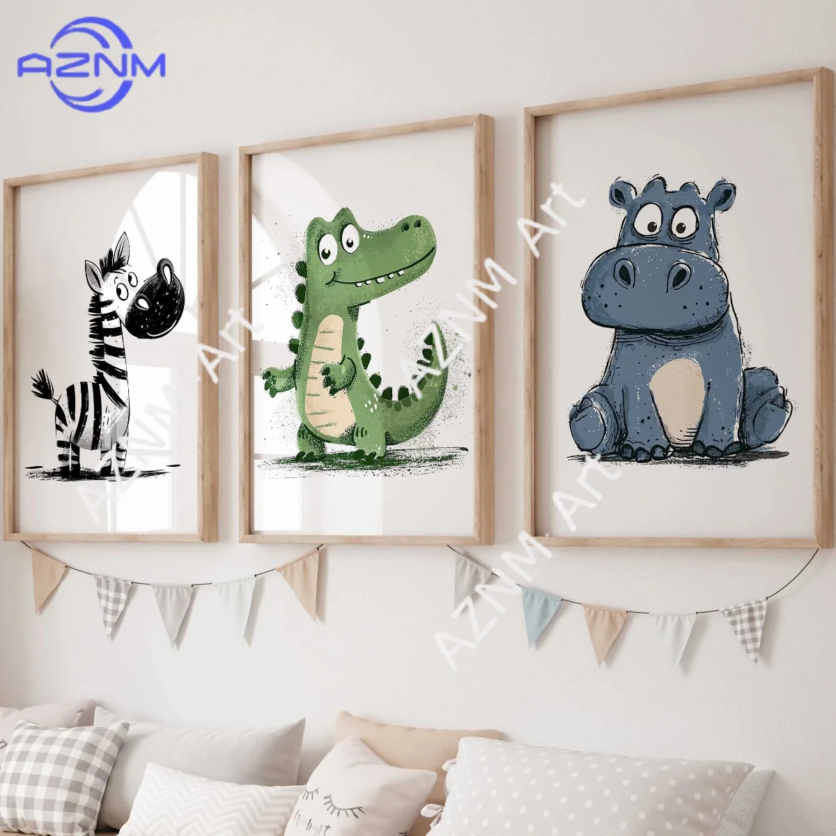 1/3Pcs Wall Picture Set of 3 Posters / Safari Adventure Hippo Crocodile Zebra / Children's Room Decoration Wall Pictures
