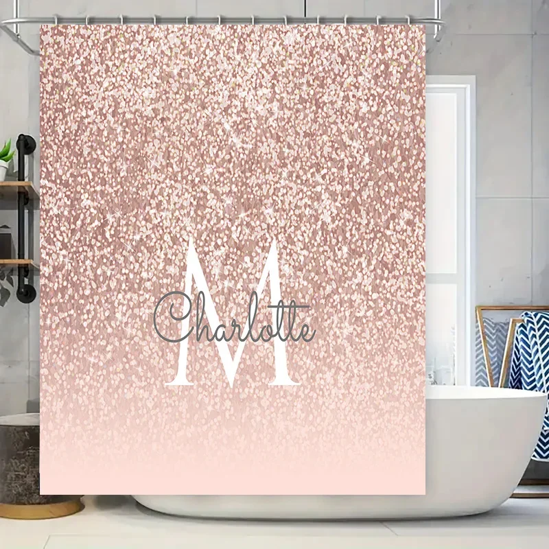 

Personalized Name Letter Monogram Shower Curtain for Bathroom Decor Pink Glitter Sparkle Design with White Font Initials Customi