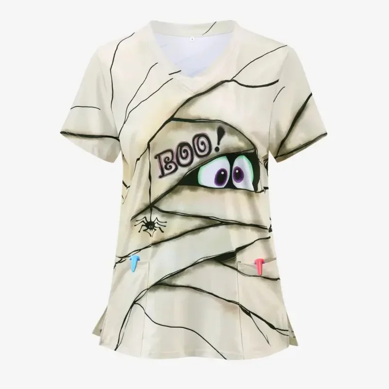 Halloween Women's Nurse Cartoon Print Short Sleeve ShirtTShirt Slightly Elastic Breathable Pocketed Nurse Uniform Workwear