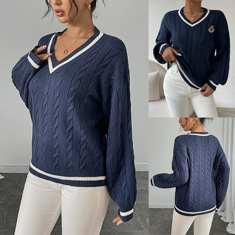 

Women's V-Neck Long Sleeve Knitted Top Color Twisted Doughnut Shape Loose Fit Fashionable Casual Style